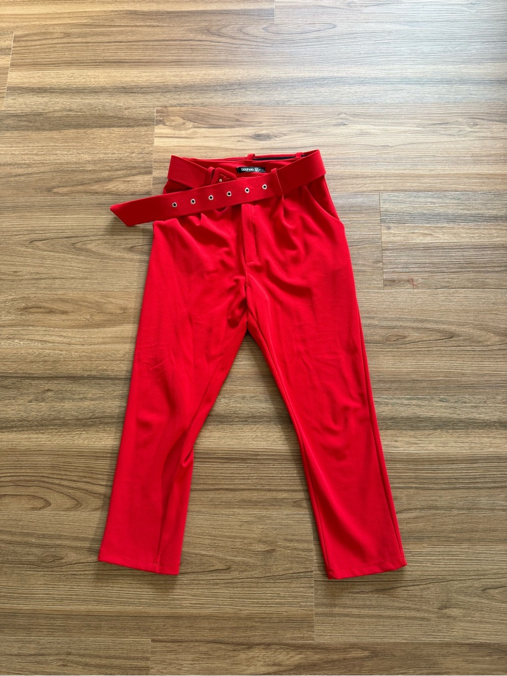 Red High-Waist Belted Trousers